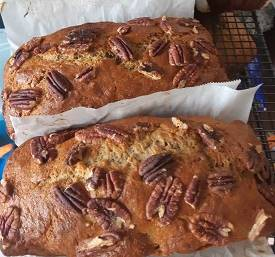 Banana breads<br>Shown here Banana Pecan bread<br>Other flavours available plain, chocolate, walnut or mini peanut butter cup<br>Each loaf $6 each